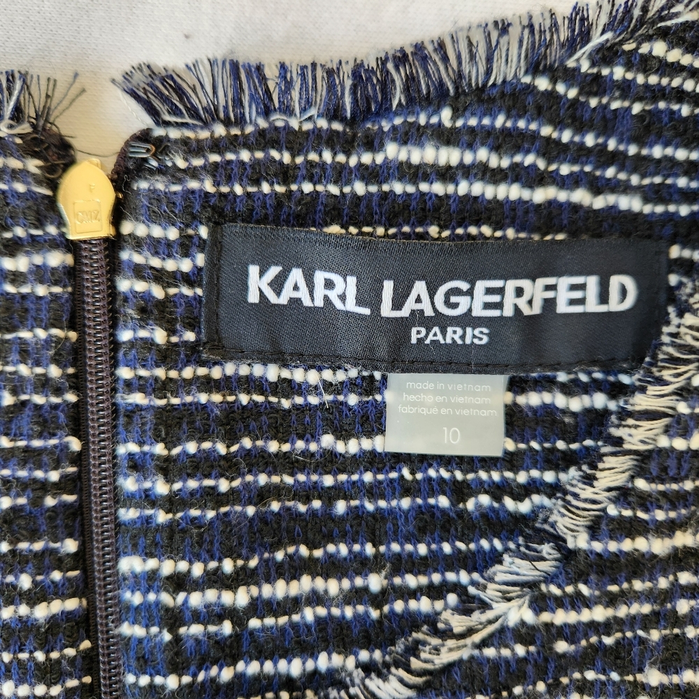 Tweed Fall Sheath Dress Navy Blue White Stripes Sleeveless Fringe Paris Size 10 - Picture 14 of 17